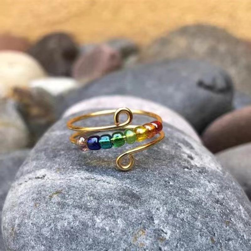Rotatable Fidget Spinner, 316L Stainless Steel Anti Stress Silvery Color Rings for Women, Vintage Colorful Beads