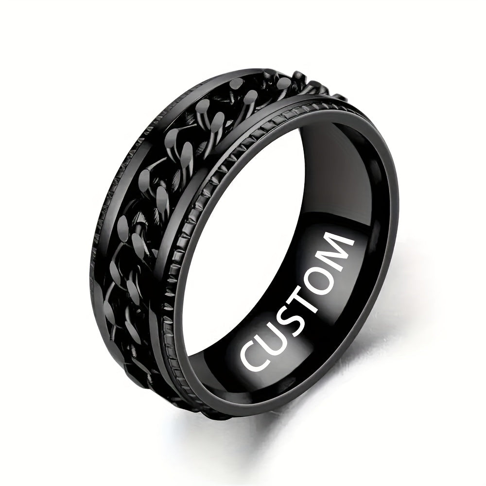 Custom Engraved Black Stainless Steel Ring - 8mm Wide, Rotating Chain Design, Personalized Name & Date Option, Durable & Stylish for Men, Valentine'S Day, Anniversaries, Casual Attire, Anniversary Jewelry, Bold Ring Design, Quality Craftsmanship, Without