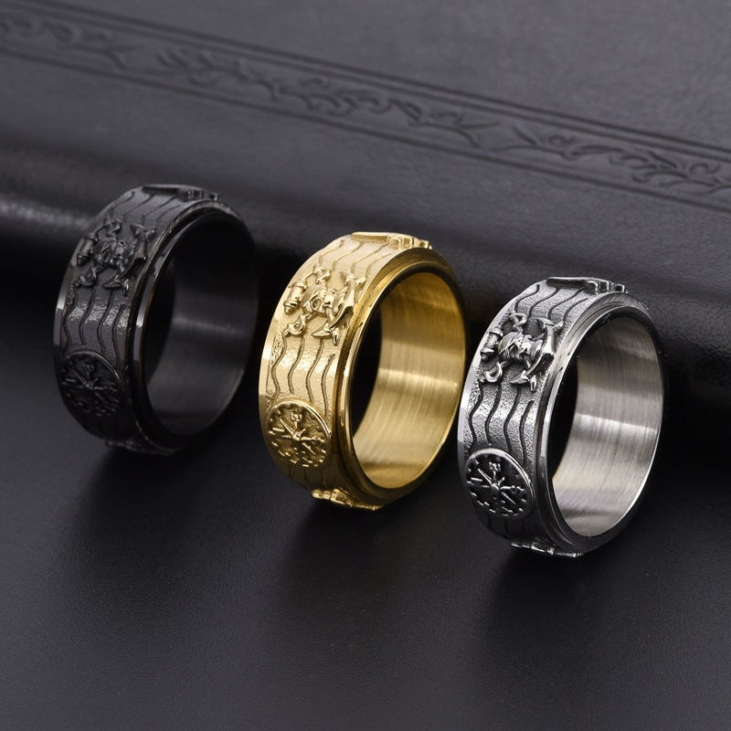 1pc Men's Titanium Stainless Steel Ring - Vintage Nautical Anchor & Compass Punk Style Rotatable Band, Durable Lightweight Design for Casual Attire