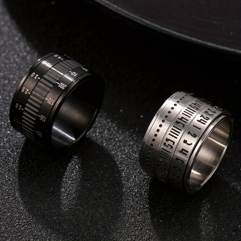 Vintage Camera Scale Stainless Steel Ring - Fashionable Rotatable Industrial-Style Digital Gauge Band, Perfect for Casual Attire, Party Accessory, Gift Idea, Retro Aesthetic, Sleek Finish, Durable Jewelry, Unique Jewelry, Gift Shoppers, Fashion