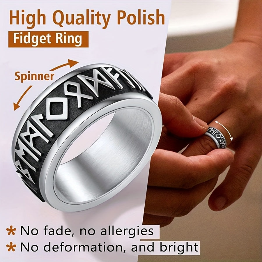 1pc Vintage Viking Rune Men'S Ring Stainless Steel Rotating Ring Hip Hop Ring Business Ring Fashion Jewelry Suitable for Daily Party Vacation Birthday Anniversary Gift, etc