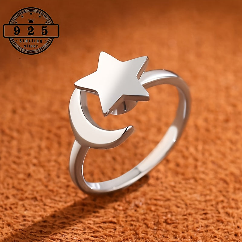 S925 sterling 925 Silver star rotating ring European and American style design with adjustable opening and moon rotating ring, suitable for men to give women Valentine's Day gifts and wedding season