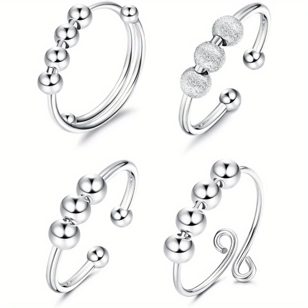 4pcs Adjustable Spinner Ring Beaded Design Open Stackable 316L 316L Stainless Steel Jewelry Set, Casual Theme, Mixed Color, Synthetic Synthetic Zircon Mosaic, 316L 316L Stainless Steel Main Material, No Plating, for Teenager, For Teenager
