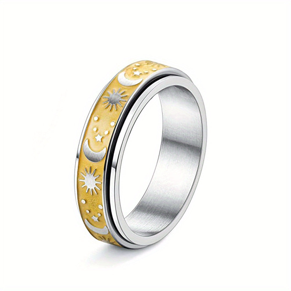 1pc Stainless Steel Interlocking Couple Rings - Rotatable Matching Sets with Sun & Moon Phases, Black & Golden Tone Bands, Interlocking Design for Couples - Anniversary, Graduation, Wedding, Everyday Matching Jewelry - Minimalist Celestial Wedding Bands