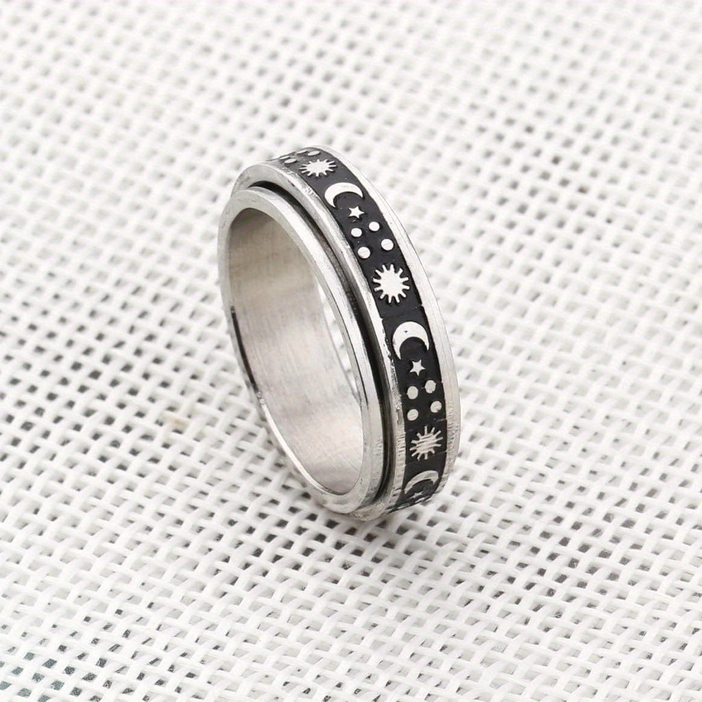 1pc Stainless Steel Interlocking Couple Rings - Rotatable Matching Sets with Sun & Moon Phases, Black & Golden Tone Bands, Interlocking Design for Couples - Anniversary, Graduation, Wedding, Everyday Matching Jewelry - Minimalist Celestial Wedding Bands