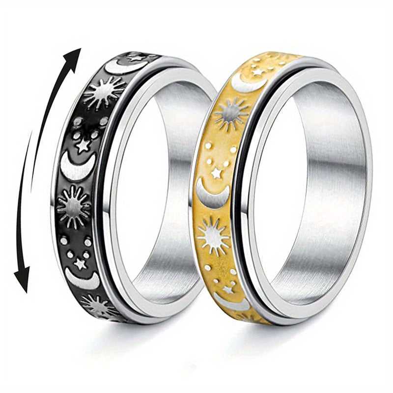 1pc Stainless Steel Interlocking Couple Rings - Rotatable Matching Sets with Sun & Moon Phases, Black & Golden Tone Bands, Interlocking Design for Couples - Anniversary, Graduation, Wedding, Everyday Matching Jewelry - Minimalist Celestial Wedding Bands