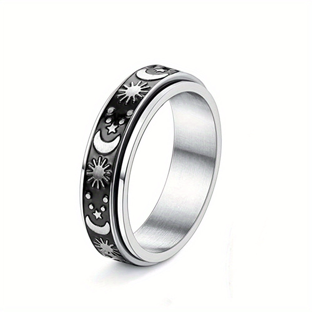 1pc Stainless Steel Interlocking Couple Rings - Rotatable Matching Sets with Sun & Moon Phases, Black & Golden Tone Bands, Interlocking Design for Couples - Anniversary, Graduation, Wedding, Everyday Matching Jewelry - Minimalist Celestial Wedding Bands