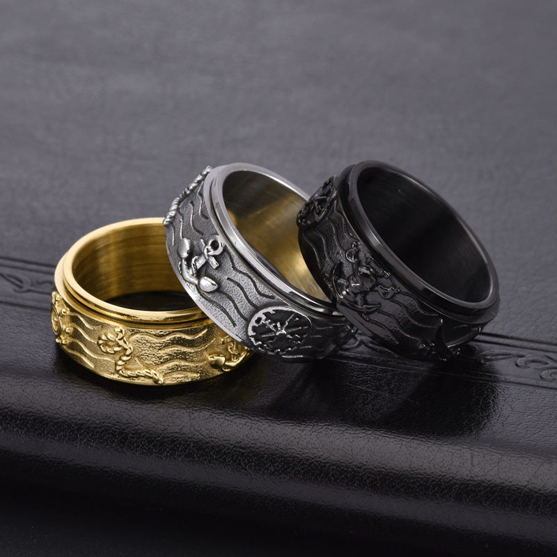 1pc Men's Titanium Stainless Steel Ring - Vintage Nautical Anchor & Compass Punk Style Rotatable Band, Durable Lightweight Design for Casual Attire