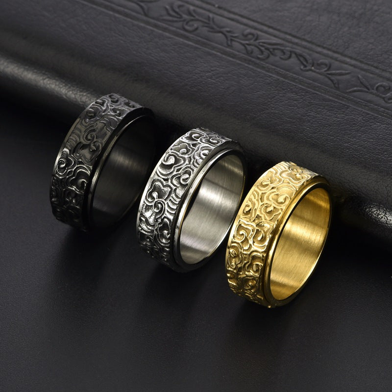Vintage-Inspired Stainless Steel Rotating Ring for Men - Elegant Cloud Pattern Design, Polished Finish, Comfortable Fit, Ideal for Casual Attire, Vintage Jewelry