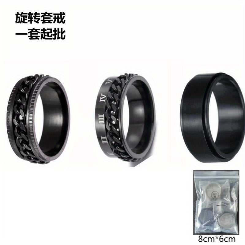 Popular Men's Titanium 201 Stainless Steel Ring Set with Rotatable Jewelry, Three-Piece Set, Electroplated and Fade-Resistant