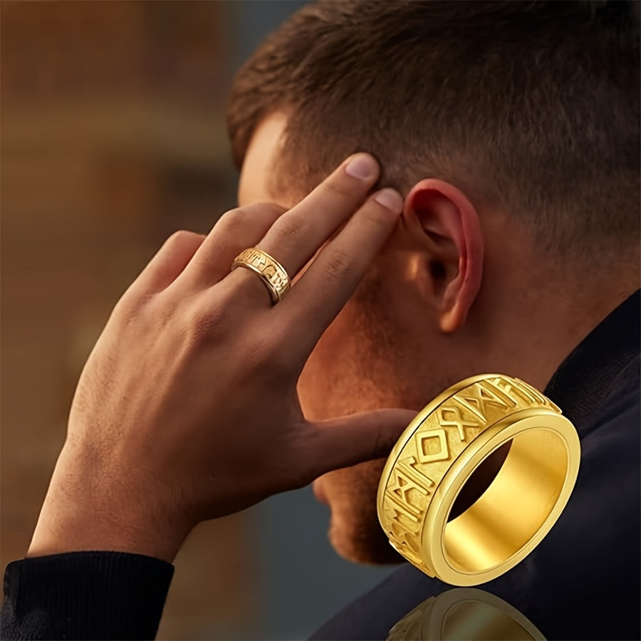 1pc Vintage Viking Rune Men'S Ring Stainless Steel Rotating Ring Hip Hop Ring Business Ring Fashion Jewelry Suitable for Daily Party Vacation Birthday Anniversary Gift, etc