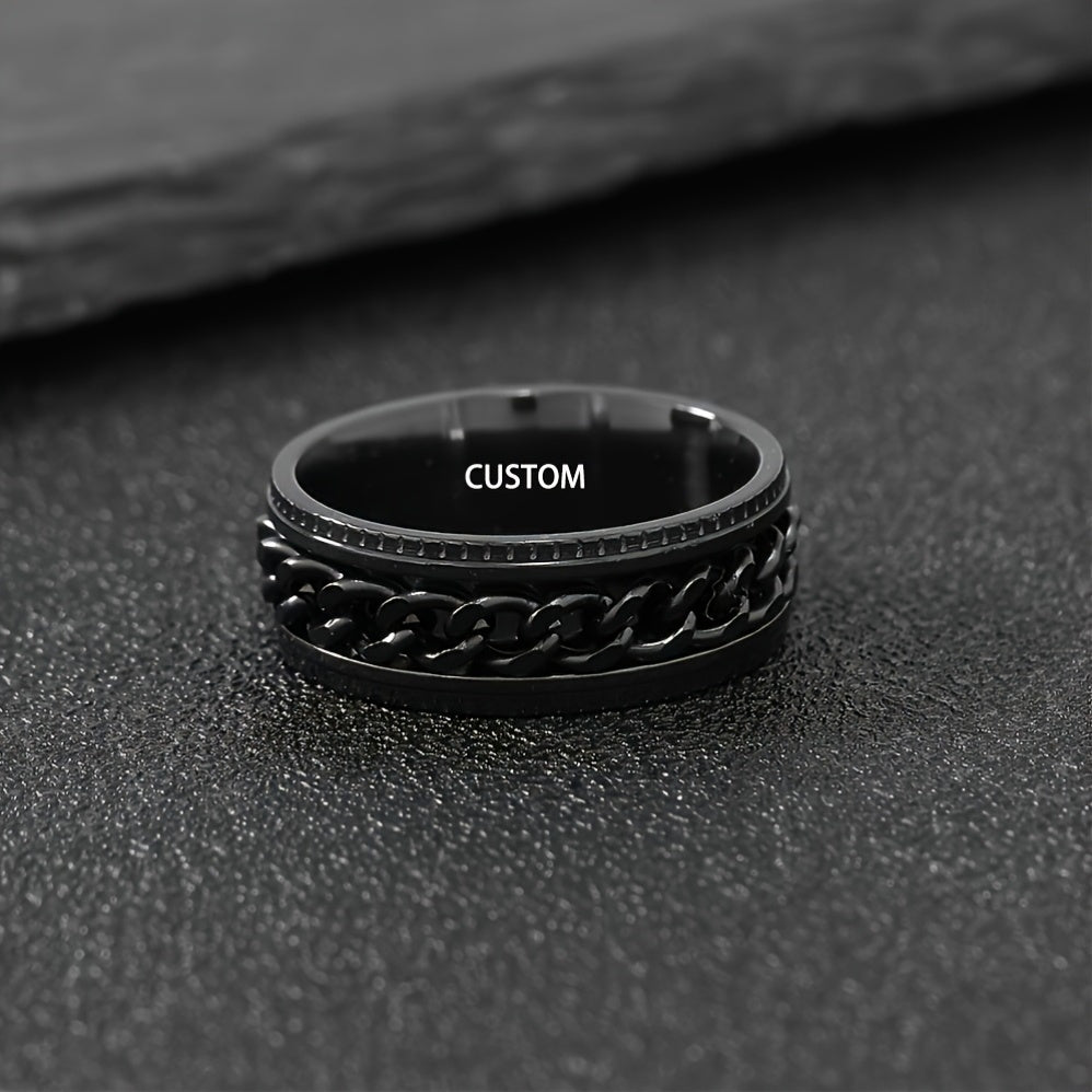 Custom Engraved Black Stainless Steel Ring - 8mm Wide, Rotating Chain Design, Personalized Name & Date Option, Durable & Stylish for Men, Valentine'S Day, Anniversaries, Casual Attire, Anniversary Jewelry, Bold Ring Design, Quality Craftsmanship, Without