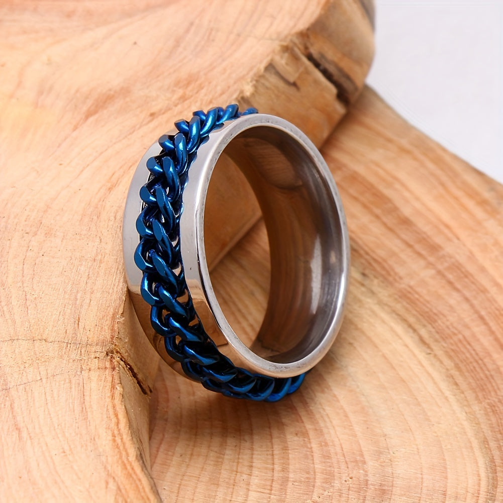 Wolesale Lots 20pcs Men's Women's Ring, Creative Mens Fashion Blue Chain Rotation Stainless Steel Ring, Personality Ring Gift (Size:17 18 19 20 21mm)