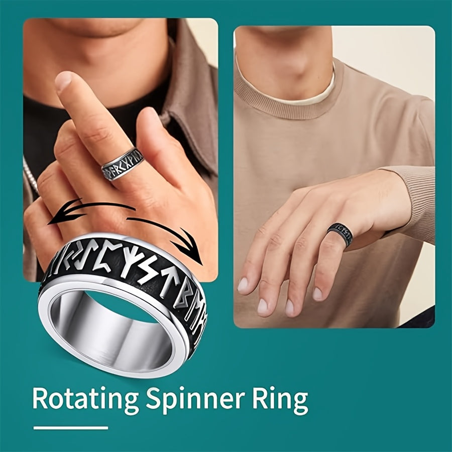 1pc Vintage Viking Rune Men'S Ring Stainless Steel Rotating Ring Hip Hop Ring Business Ring Fashion Jewelry Suitable for Daily Party Vacation Birthday Anniversary Gift, etc