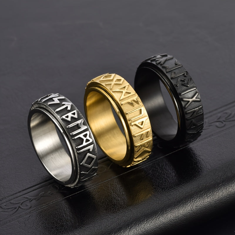 1pc Vintage Viking Rune Men'S Ring Stainless Steel Rotating Ring Hip Hop Ring Business Ring Fashion Jewelry Suitable for Daily Party Vacation Birthday Anniversary Gift, etc