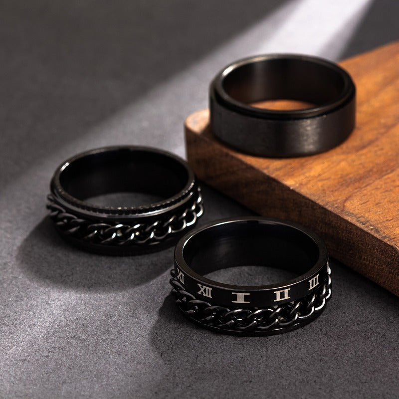 Popular Men's Titanium 201 Stainless Steel Ring Set with Rotatable Jewelry, Three-Piece Set, Electroplated and Fade-Resistant