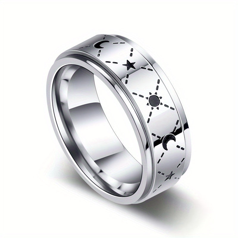 1pc Rotating Titanium Stainless Steel Men's Ring - Rotating Mechanism & Star Pattern Design, Modern Minimalist Style Durable Stainless Steel Index Finger Ring, Non-Tarnish All-Season Casual Attire, Unique Niche Accessory for Men, Ideal Gift for Special