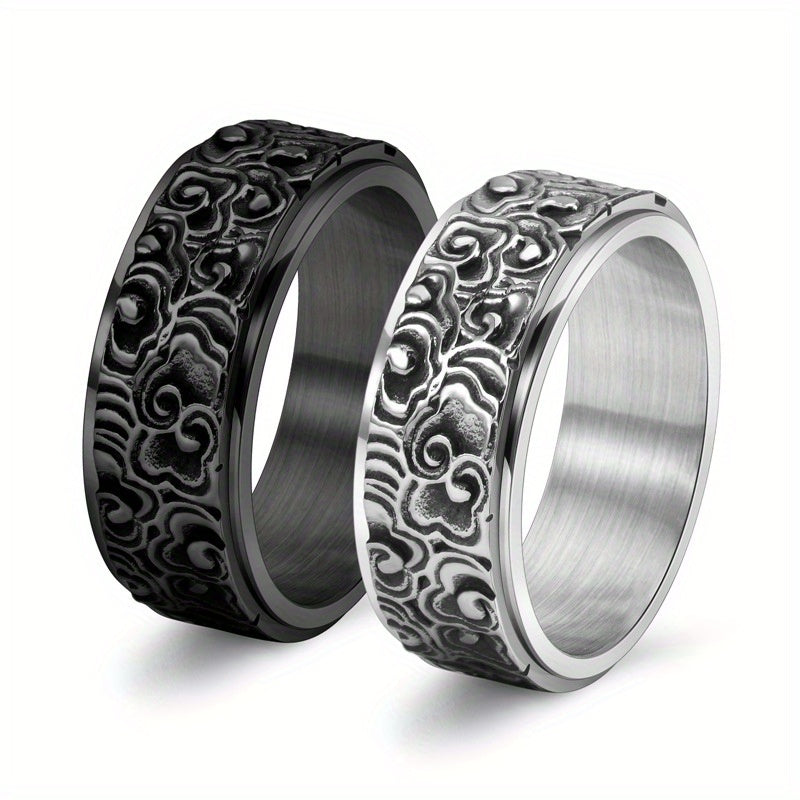 Vintage-Inspired Stainless Steel Rotating Ring for Men - Elegant Cloud Pattern Design, Polished Finish, Comfortable Fit, Ideal for Casual Attire, Vintage Jewelry