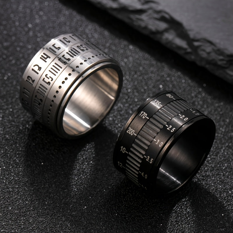 Vintage Camera Scale Stainless Steel Ring - Fashionable Rotatable Industrial-Style Digital Gauge Band, Perfect for Casual Attire, Party Accessory, Gift Idea, Retro Aesthetic, Sleek Finish, Durable Jewelry, Unique Jewelry, Gift Shoppers, Fashion