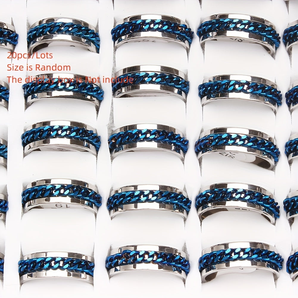 Wolesale Lots 20pcs Men's Women's Ring, Creative Mens Fashion Blue Chain Rotation Stainless Steel Ring, Personality Ring Gift (Size:17 18 19 20 21mm)
