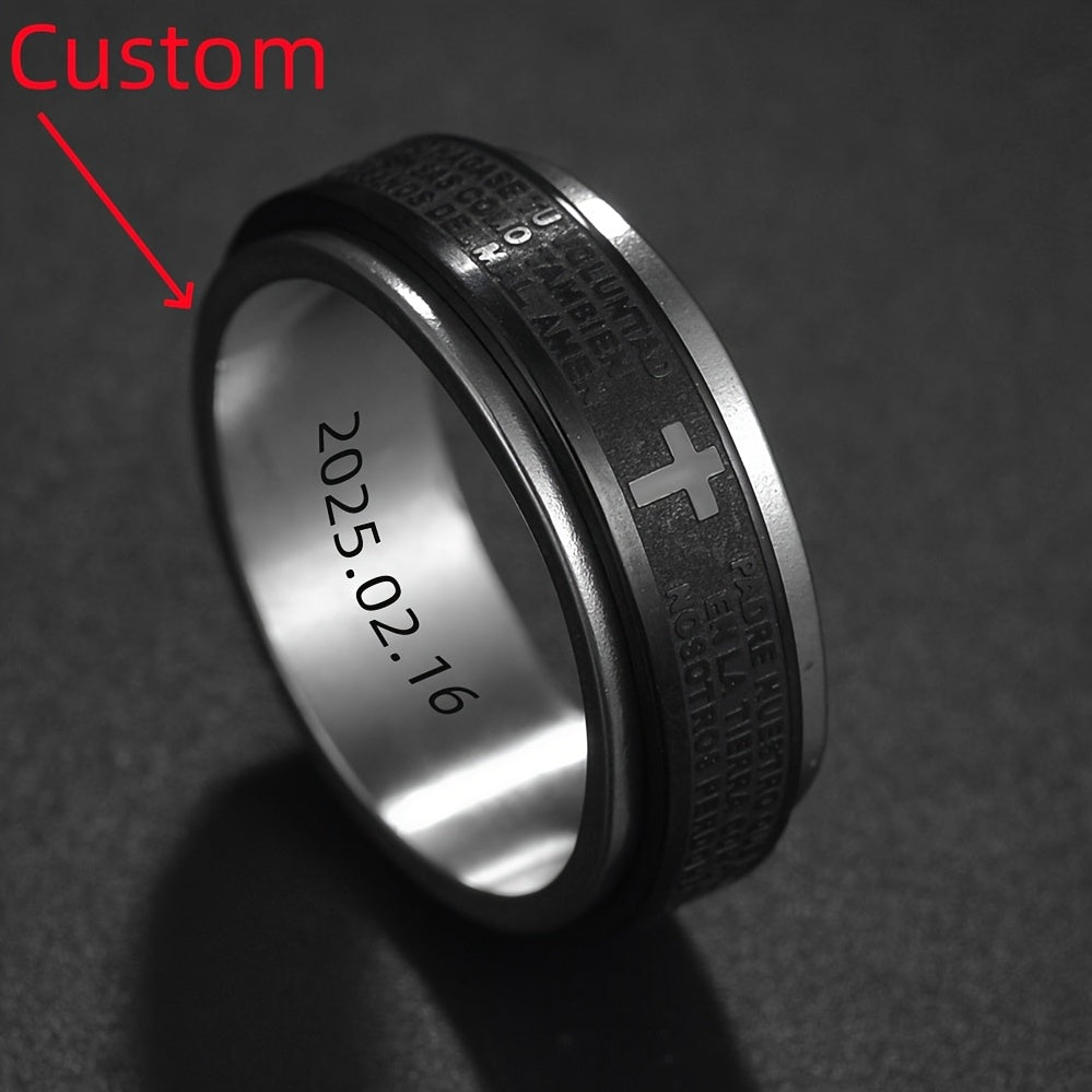 Custom Engraved Stainless Steel Anxiety Relief Fidget Ring for Men & Women - Rotating Anti-Stress Design with Personalized Letter/Date, Durable Unisex Jewelry Gift for St. Patrick's Day, Easter, Ramadan, Simple Sleek Design, Engraved Detailing, Metallic