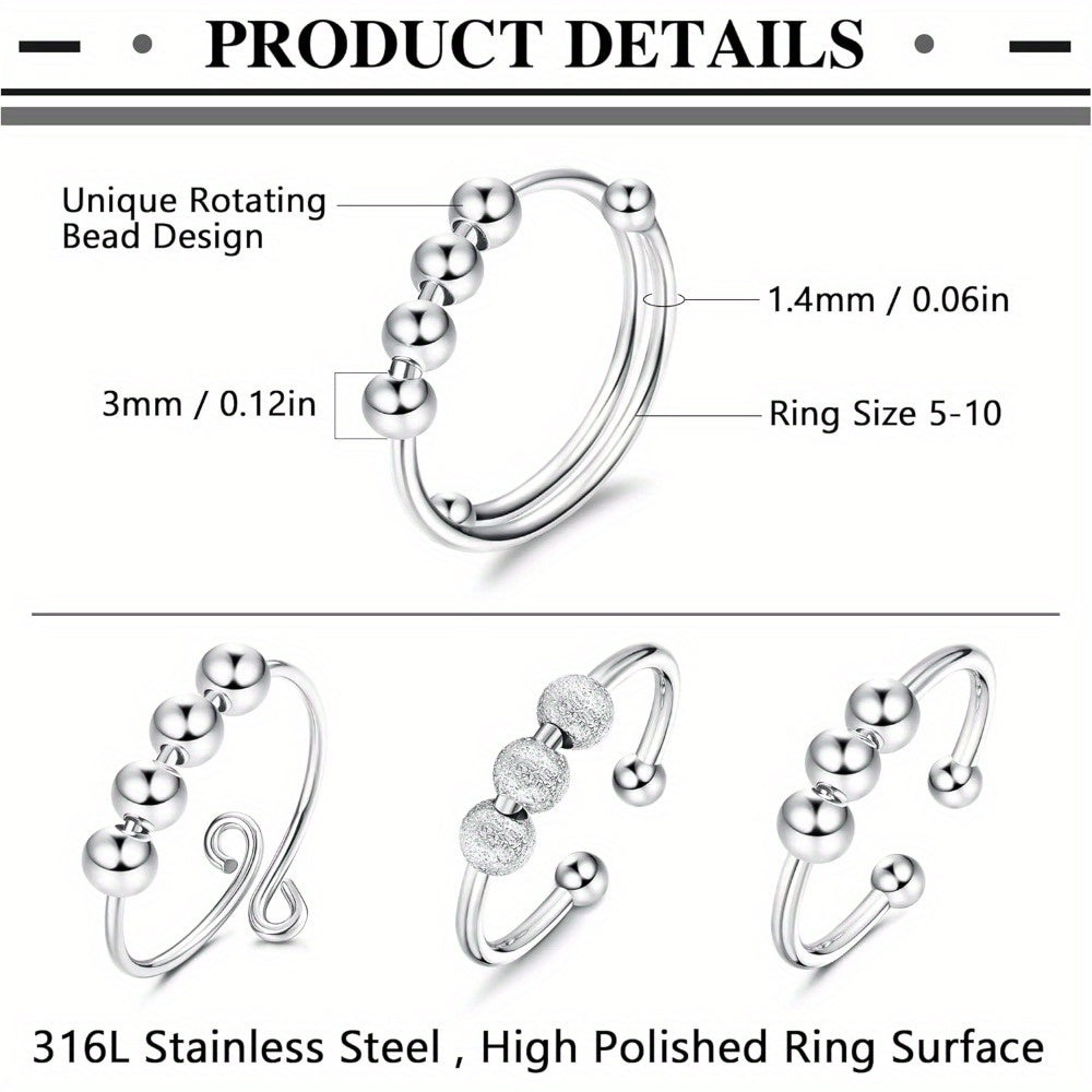 4pcs Adjustable Spinner Ring Beaded Design Open Stackable 316L 316L Stainless Steel Jewelry Set, Casual Theme, Mixed Color, Synthetic Synthetic Zircon Mosaic, 316L 316L Stainless Steel Main Material, No Plating, for Teenager, For Teenager