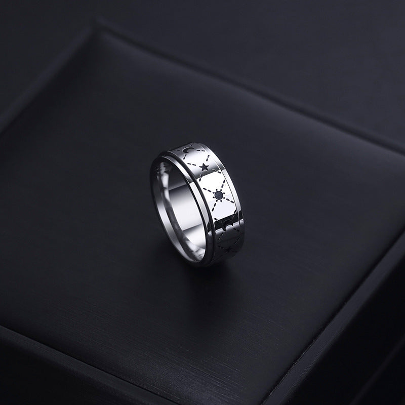 1pc Rotating Titanium Stainless Steel Men's Ring - Rotating Mechanism & Star Pattern Design, Modern Minimalist Style Durable Stainless Steel Index Finger Ring, Non-Tarnish All-Season Casual Attire, Unique Niche Accessory for Men, Ideal Gift for Special