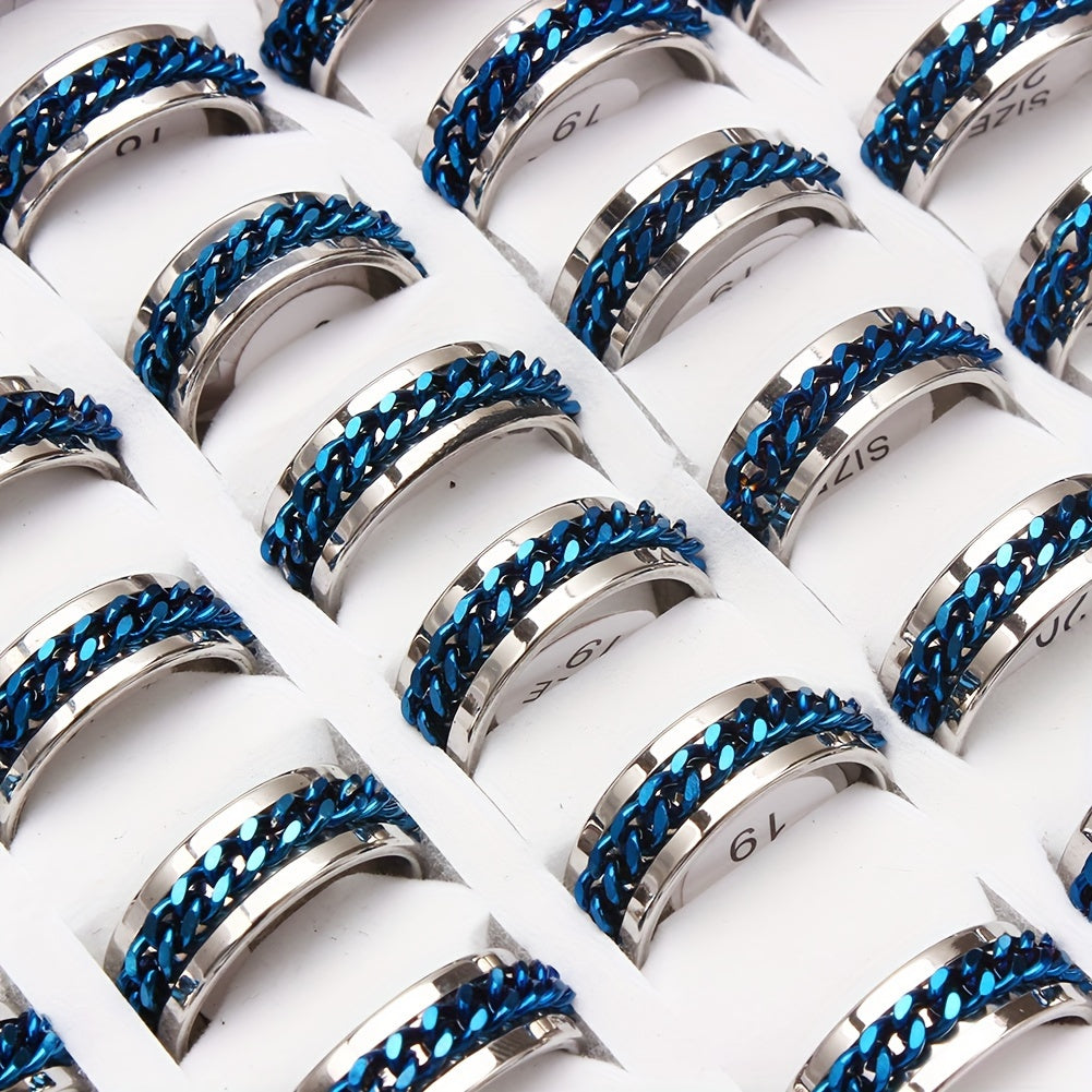Wolesale Lots 20pcs Men's Women's Ring, Creative Mens Fashion Blue Chain Rotation Stainless Steel Ring, Personality Ring Gift (Size:17 18 19 20 21mm)