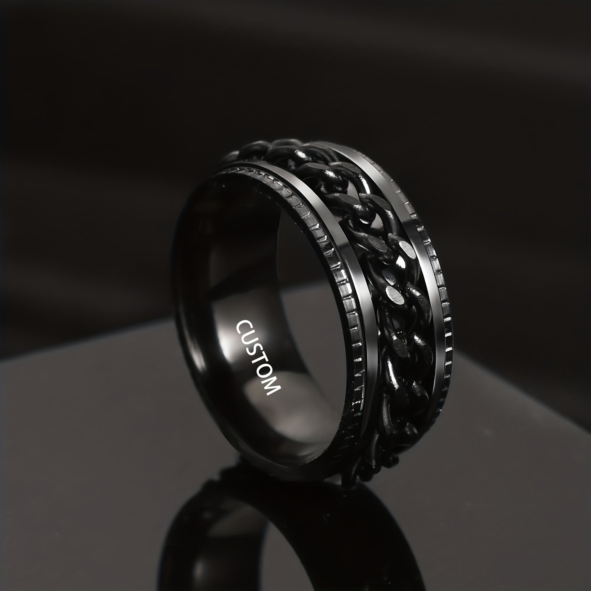 Custom Engraved Black Stainless Steel Ring - 8mm Wide, Rotating Chain Design, Personalized Name & Date Option, Durable & Stylish for Men, Valentine'S Day, Anniversaries, Casual Attire, Anniversary Jewelry, Bold Ring Design, Quality Craftsmanship, Without