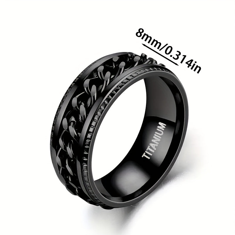 Custom Engraved Black Stainless Steel Ring - 8mm Wide, Rotating Chain Design, Personalized Name & Date Option, Durable & Stylish for Men, Valentine'S Day, Anniversaries, Casual Attire, Anniversary Jewelry, Bold Ring Design, Quality Craftsmanship, Without