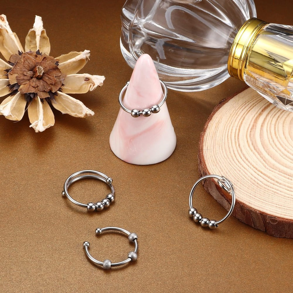 4pcs Adjustable Spinner Ring Beaded Design Open Stackable 316L 316L Stainless Steel Jewelry Set, Casual Theme, Mixed Color, Synthetic Synthetic Zircon Mosaic, 316L 316L Stainless Steel Main Material, No Plating, for Teenager, For Teenager