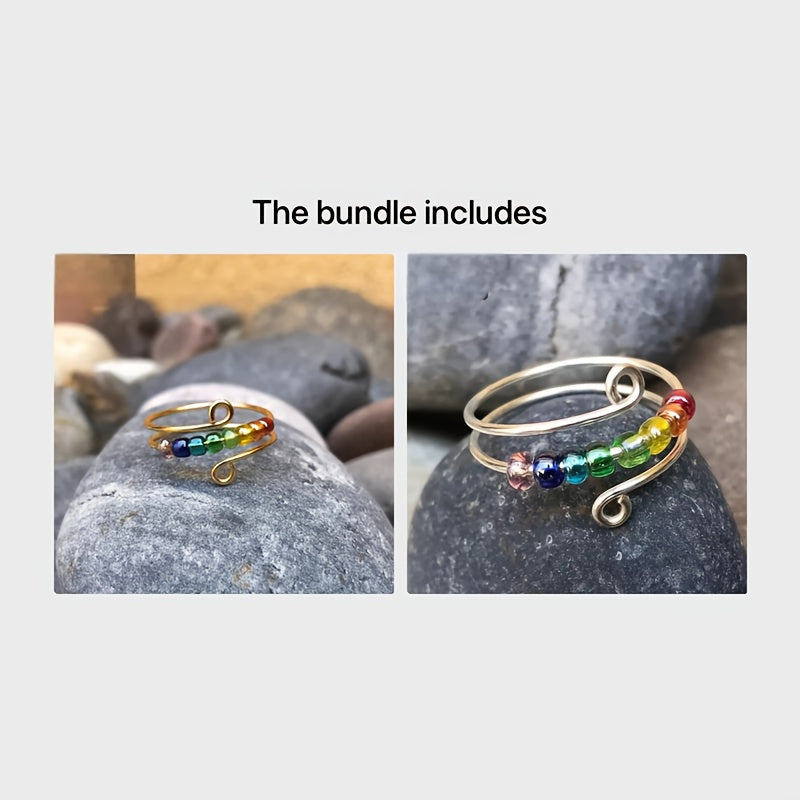 Rotatable Fidget Spinner, 316L Stainless Steel Anti Stress Silvery Color Rings for Women, Vintage Colorful Beads