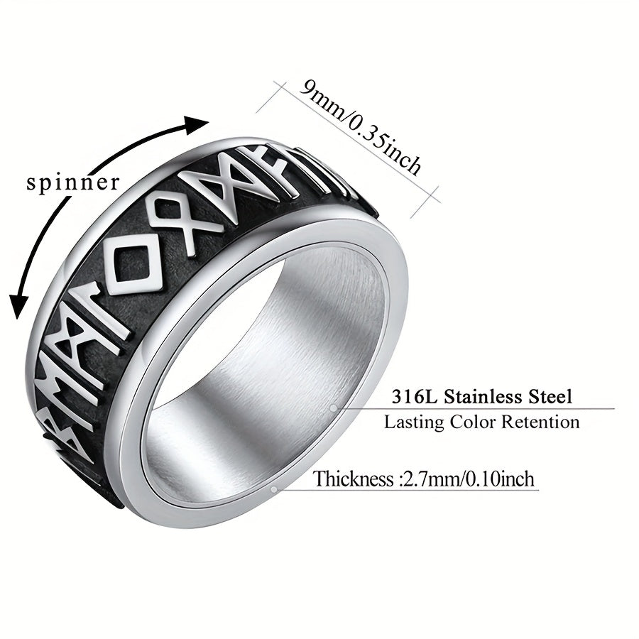 1pc Vintage Viking Rune Men'S Ring Stainless Steel Rotating Ring Hip Hop Ring Business Ring Fashion Jewelry Suitable for Daily Party Vacation Birthday Anniversary Gift, etc