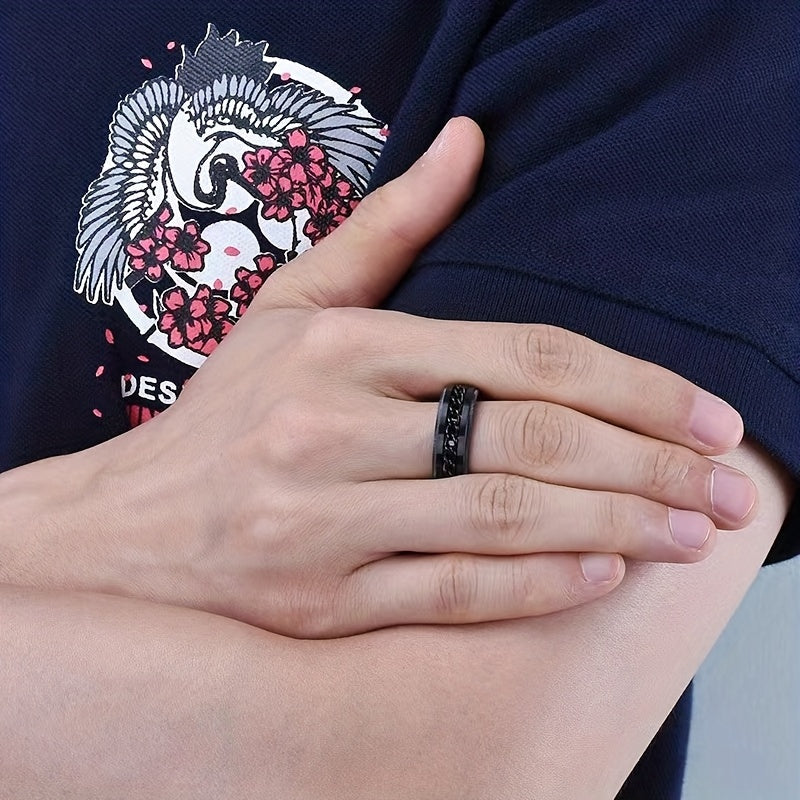 Custom Engraved Black Stainless Steel Ring - 8mm Wide, Rotating Chain Design, Personalized Name & Date Option, Durable & Stylish for Men, Valentine'S Day, Anniversaries, Casual Attire, Anniversary Jewelry, Bold Ring Design, Quality Craftsmanship, Without