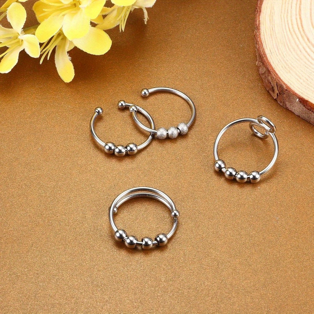 4pcs Adjustable Spinner Ring Beaded Design Open Stackable 316L 316L Stainless Steel Jewelry Set, Casual Theme, Mixed Color, Synthetic Synthetic Zircon Mosaic, 316L 316L Stainless Steel Main Material, No Plating, for Teenager, For Teenager