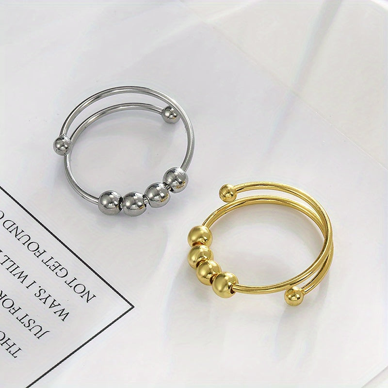 Women'S Adjustable Anxiety & Relax Ring - Stainless Steel Double-Layer Rotatable Bead Jewelry with Smooth Spinning Beads, Everyday & Party Jewelry, Anniversary Valentine'S Gift for Her, Durable Tarnish-Resistant Chain for Year-Round Wear, Celestial Symbol