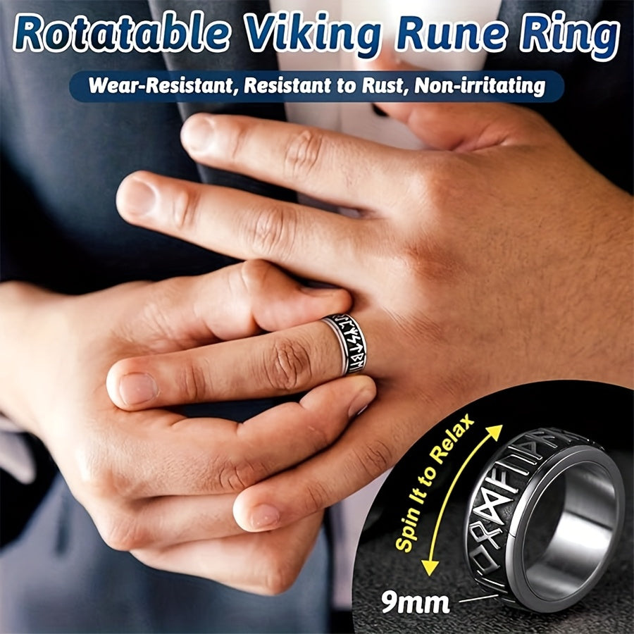 1pc Vintage Viking Rune Men'S Ring Stainless Steel Rotating Ring Hip Hop Ring Business Ring Fashion Jewelry Suitable for Daily Party Vacation Birthday Anniversary Gift, etc