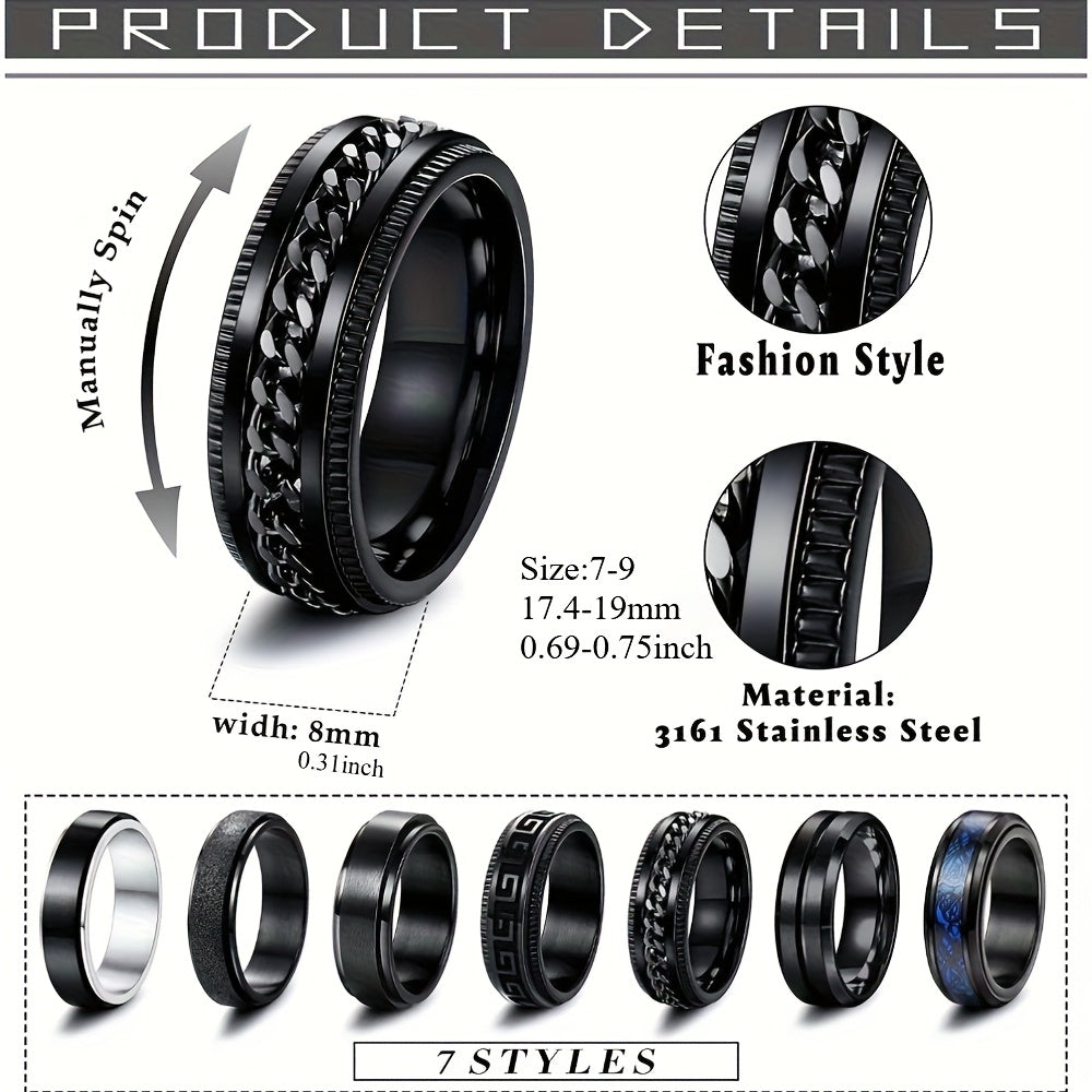 7pcs 316L Stainless Steel Men'S Ring Fidget Rings Cool Chain Inlaid Greek Key Rings Stress Relieving Wide Wedding Promise Band Ring Black Spinner Ring for Men Women