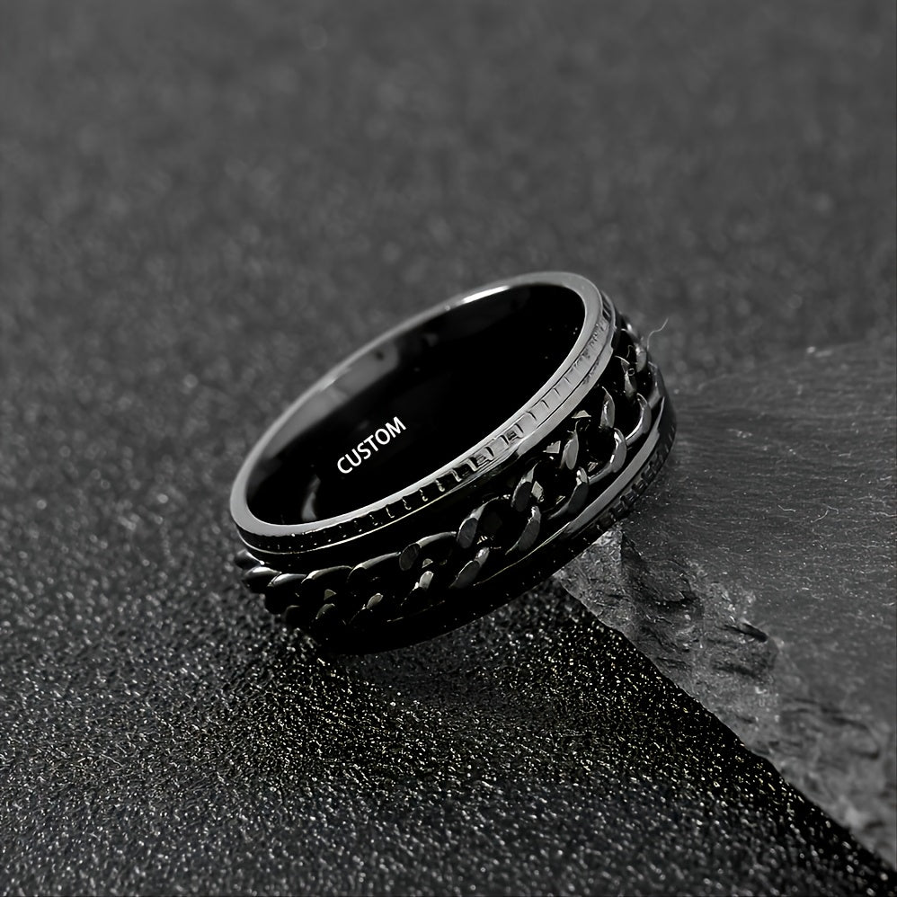 Custom Engraved Black Stainless Steel Ring - 8mm Wide, Rotating Chain Design, Personalized Name & Date Option, Durable & Stylish for Men, Valentine'S Day, Anniversaries, Casual Attire, Anniversary Jewelry, Bold Ring Design, Quality Craftsmanship, Without