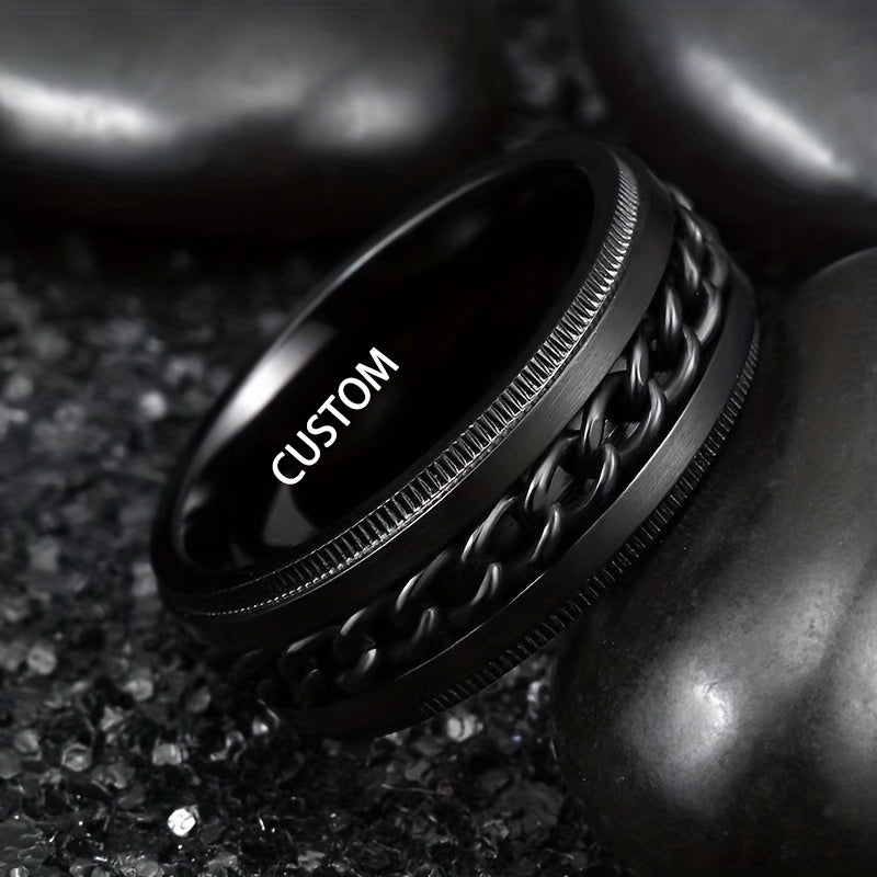 Custom Engraved Black Stainless Steel Ring - 8mm Wide, Rotating Chain Design, Personalized Name & Date Option, Durable & Stylish for Men, Valentine'S Day, Anniversaries, Casual Attire, Anniversary Jewelry, Bold Ring Design, Quality Craftsmanship, Without