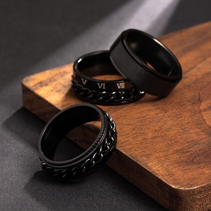 Popular Men's Titanium 201 Stainless Steel Ring Set with Rotatable Jewelry, Three-Piece Set, Electroplated and Fade-Resistant