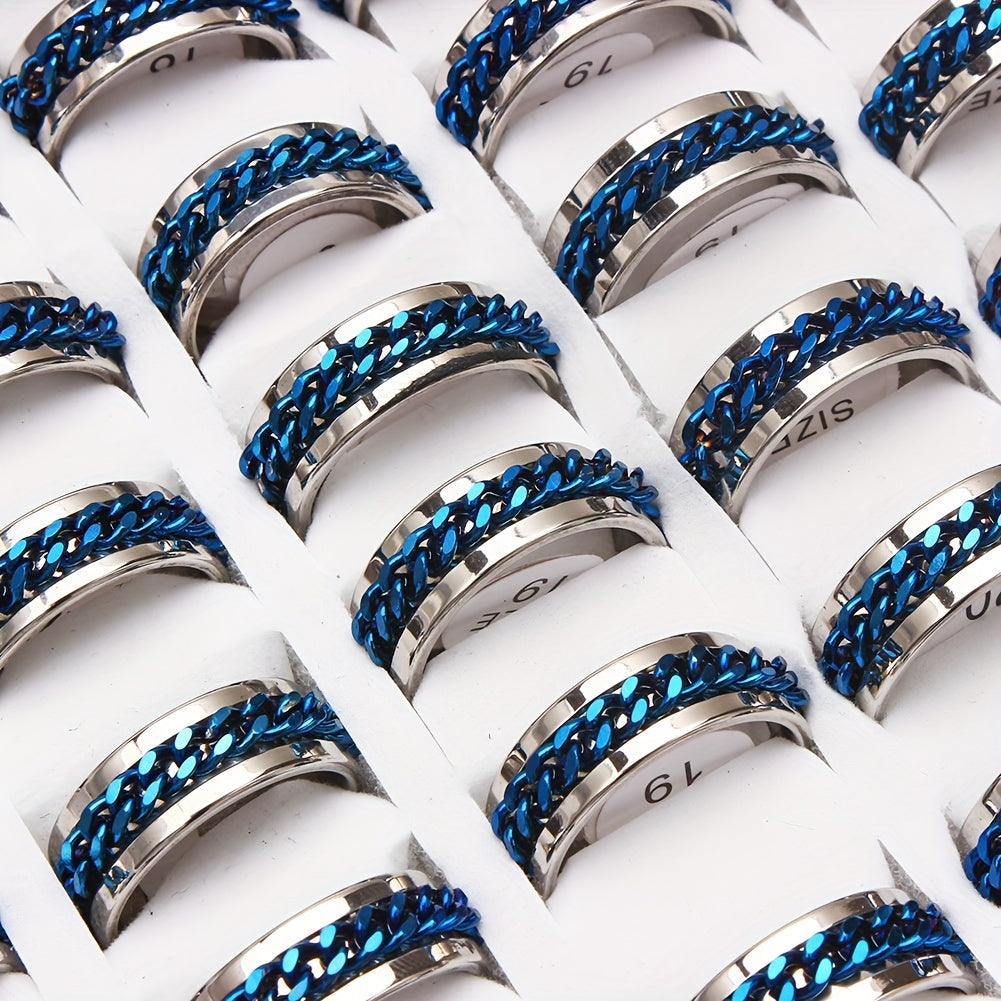 Wolesale Lots 20pcs Men's Women's Ring, Creative Mens Fashion Blue Chain Rotation Stainless Steel Ring, Personality Ring Gift (Size:17 18 19 20 21mm)