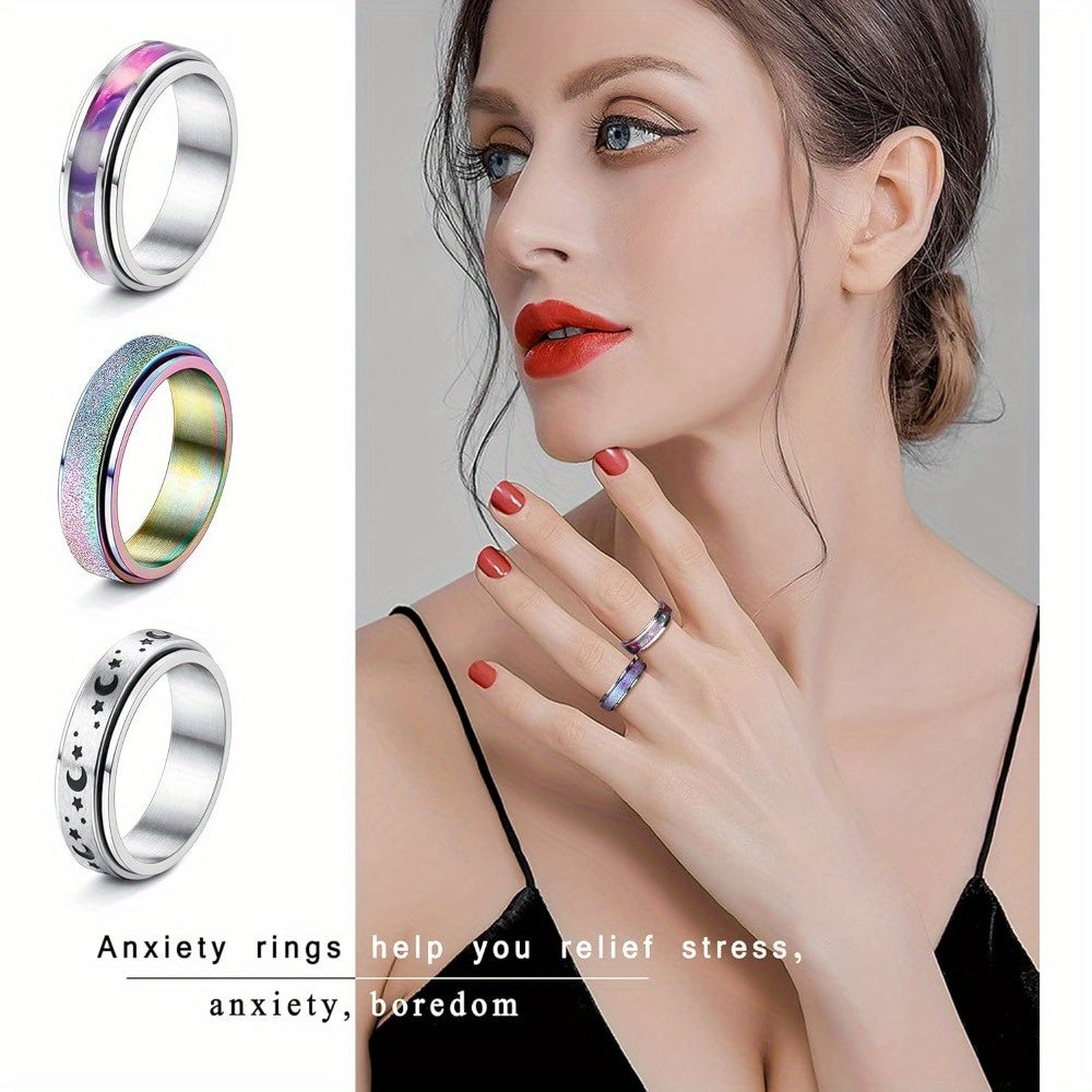 6pcs Fidget Rings for Anxiety 316L Stainless Steel Spinner Band Rings for Teenager Fidget Anxiety Rings Flower Moon Star Rainbow Sand Blast Finished Cool Relieving Rings Set, For Teenager