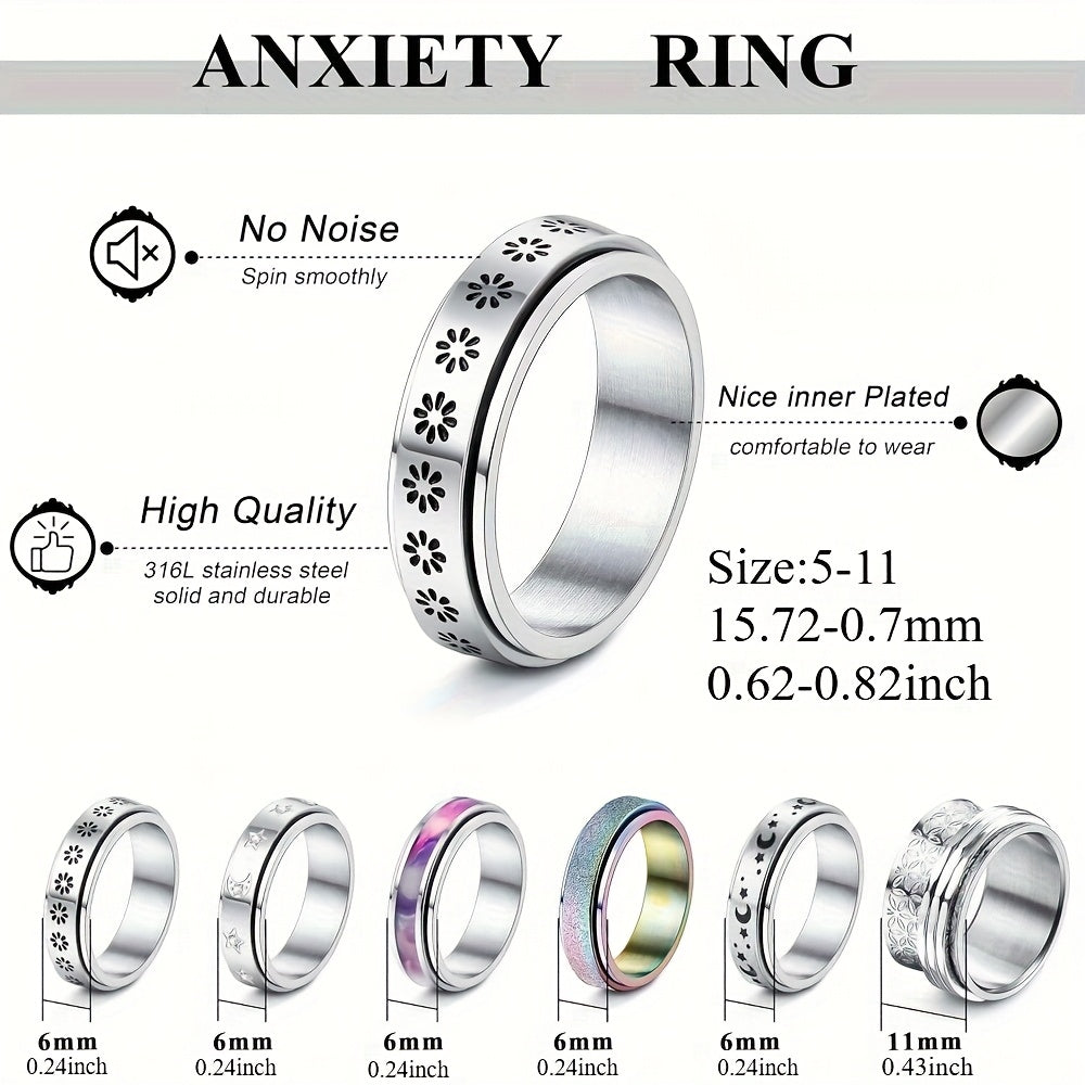 6pcs Fidget Rings for Anxiety 316L Stainless Steel Spinner Band Rings for Teenager Fidget Anxiety Rings Flower Moon Star Rainbow Sand Blast Finished Cool Relieving Rings Set, For Teenager