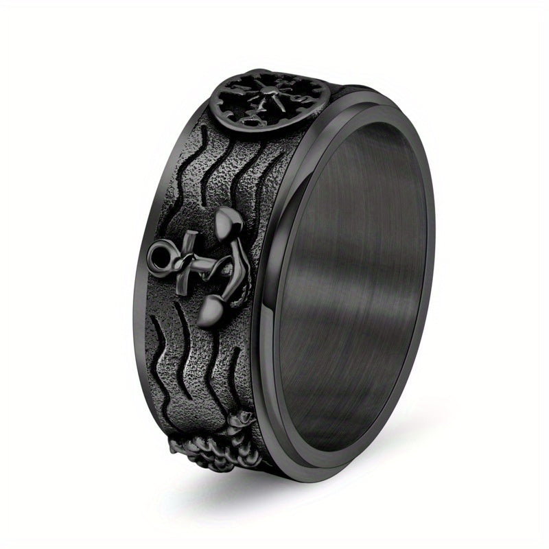 1pc Men's Titanium Stainless Steel Ring - Vintage Nautical Anchor & Compass Punk Style Rotatable Band, Durable Lightweight Design for Casual Attire