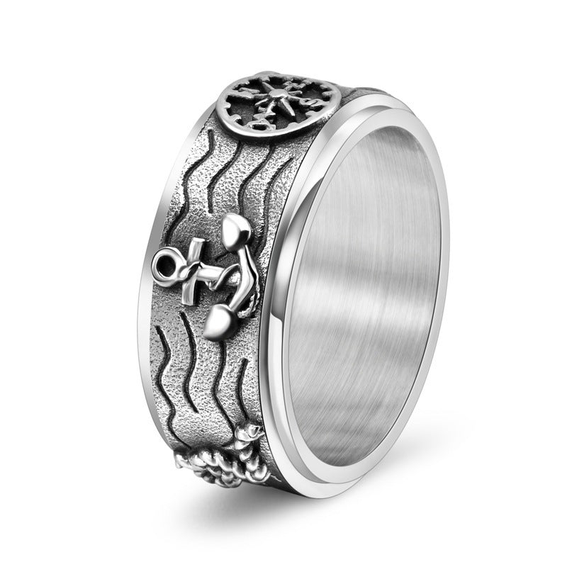 1pc Men's Titanium Stainless Steel Ring - Vintage Nautical Anchor & Compass Punk Style Rotatable Band, Durable Lightweight Design for Casual Attire
