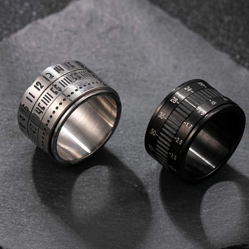 Vintage Camera Scale Stainless Steel Ring - Fashionable Rotatable Industrial-Style Digital Gauge Band, Perfect for Casual Attire, Party Accessory, Gift Idea, Retro Aesthetic, Sleek Finish, Durable Jewelry, Unique Jewelry, Gift Shoppers, Fashion