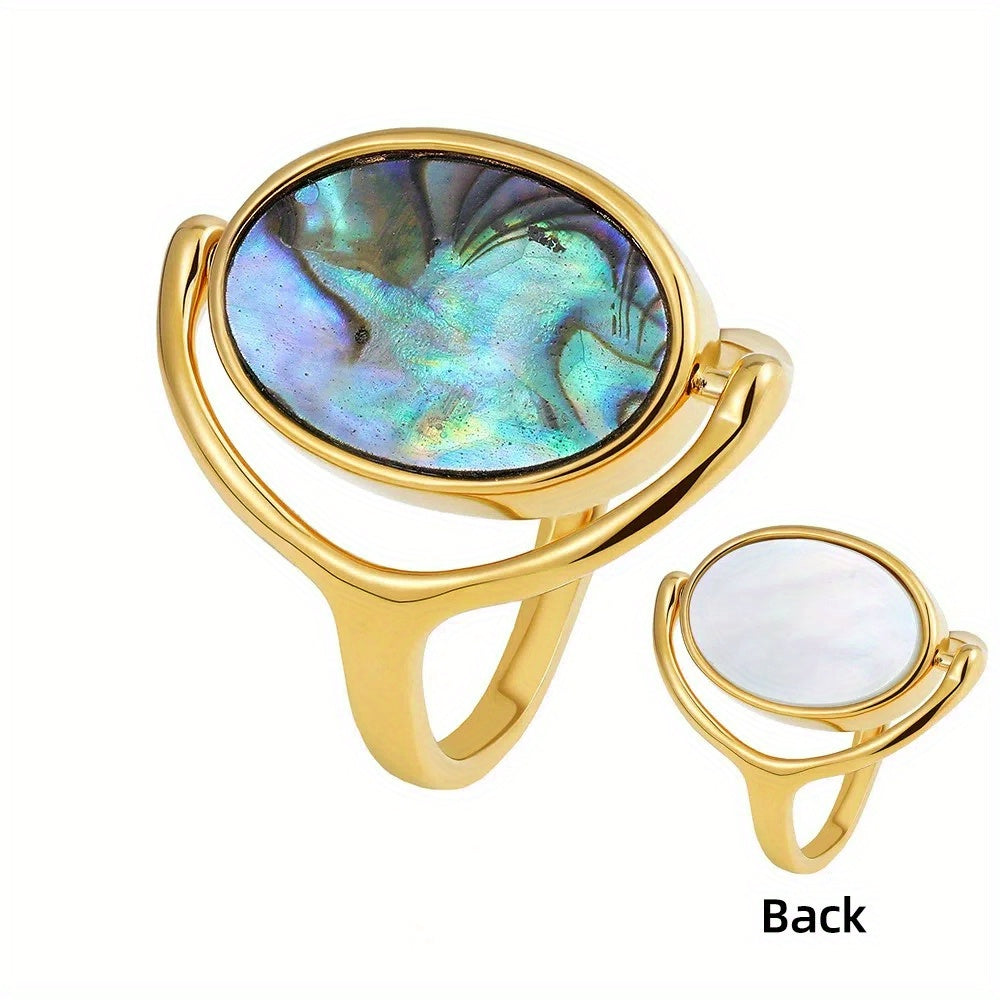 Women's Stainless Steel Rotatable Flippable Ring - Double-Sided -like Jewelry, Flip-and-Reveal Oval design, Elegant Everyday & Party Ring for Women, Durable Stainless Steel Construction, Vintage Art Deco Rings And Jewelry, Versatile Accessory, Goldtoned