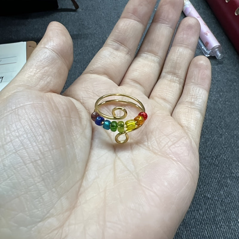 Rotatable Fidget Spinner, 316L Stainless Steel Anti Stress Silvery Color Rings for Women, Vintage Colorful Beads