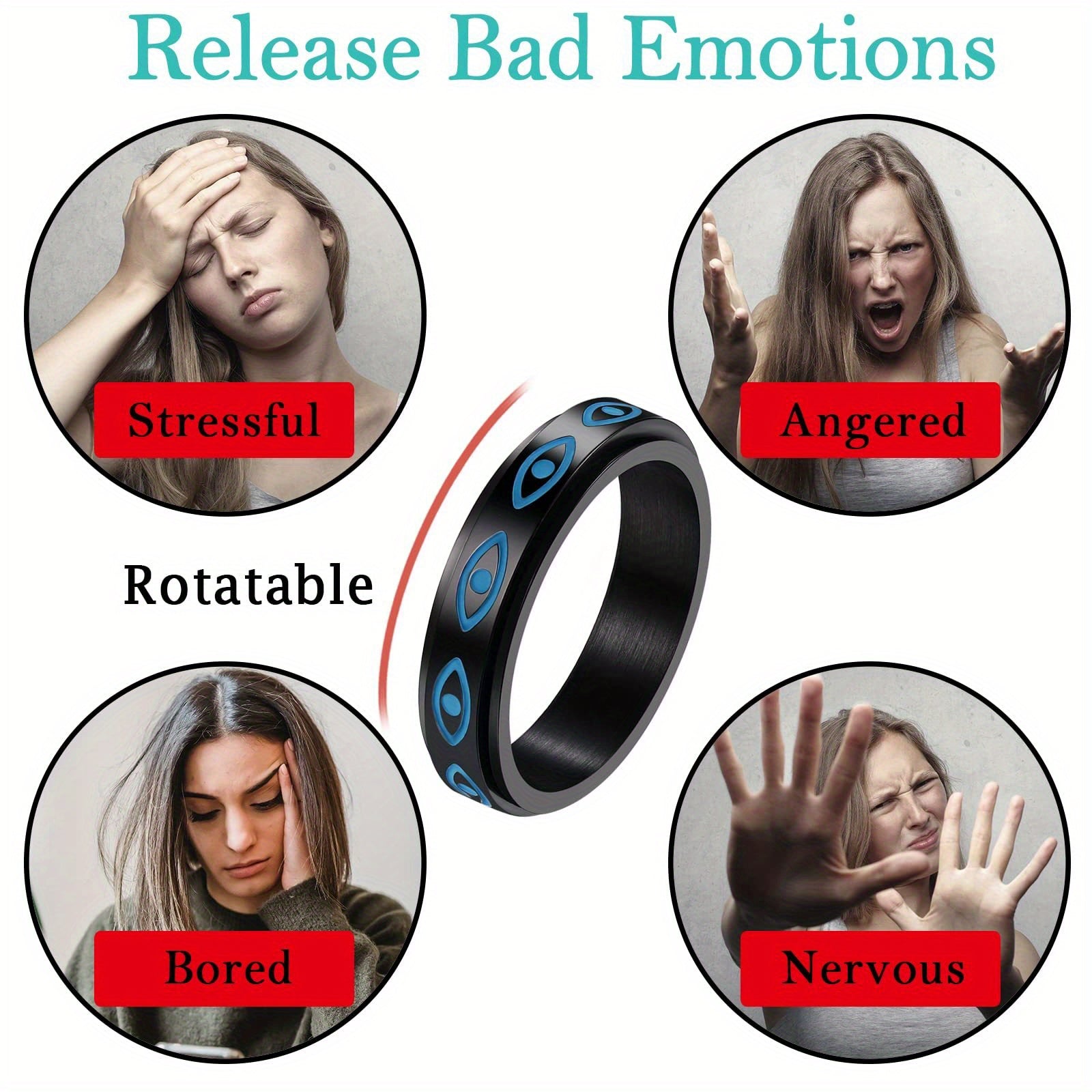 JewelryWe Men'S and Women'S Anxiety Rings: a Minimalist Evil Eye Fidget Ring Made of Stainless Steel - a Rotating Ring for Stress Relief.